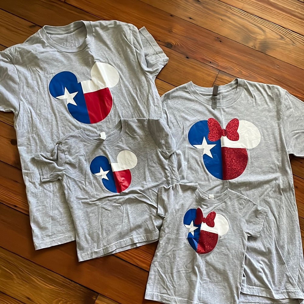 Family Disney shirt set (size adult M, adult S, 4t, and 2t)